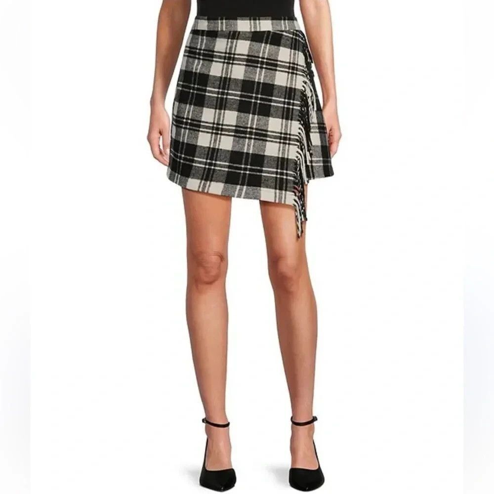 NWT ANTONIO MELANI Black Cream Plaid Blanket Wrap Skirt Preppy SIZE 14